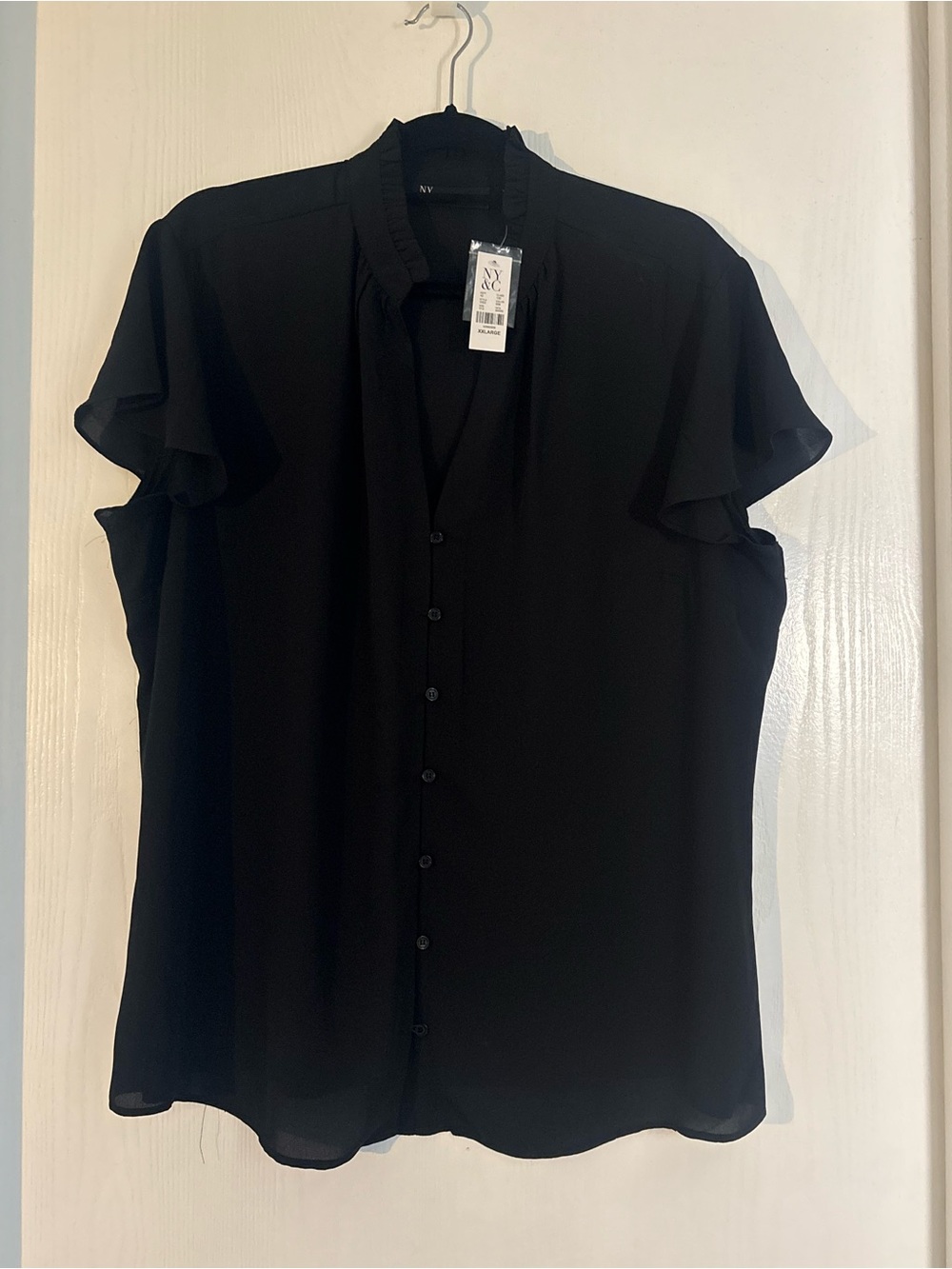 Black Ruffle Sleeve Button-Down Shirt, XXL